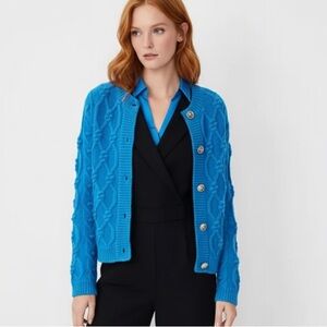 Ann Taylor Relaxed Cable Sweater cardigan Jacket In Azurite size M